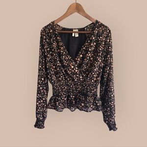 Japna Black Floral Smocked Blouse Size Medium Festival Fairycore Fairy Hippie